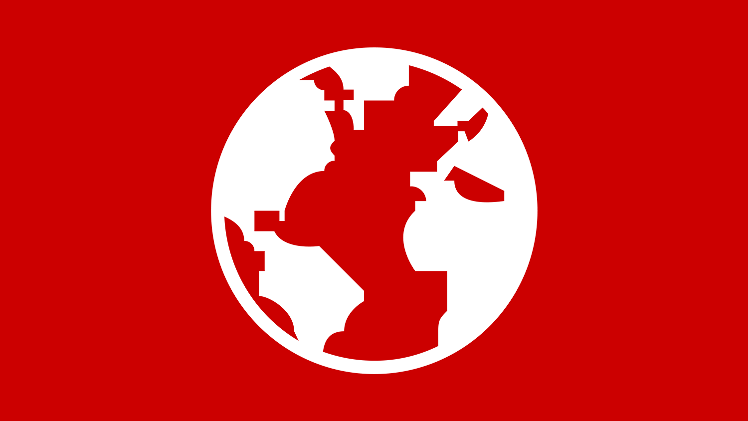 A white icon of a globe on a red background