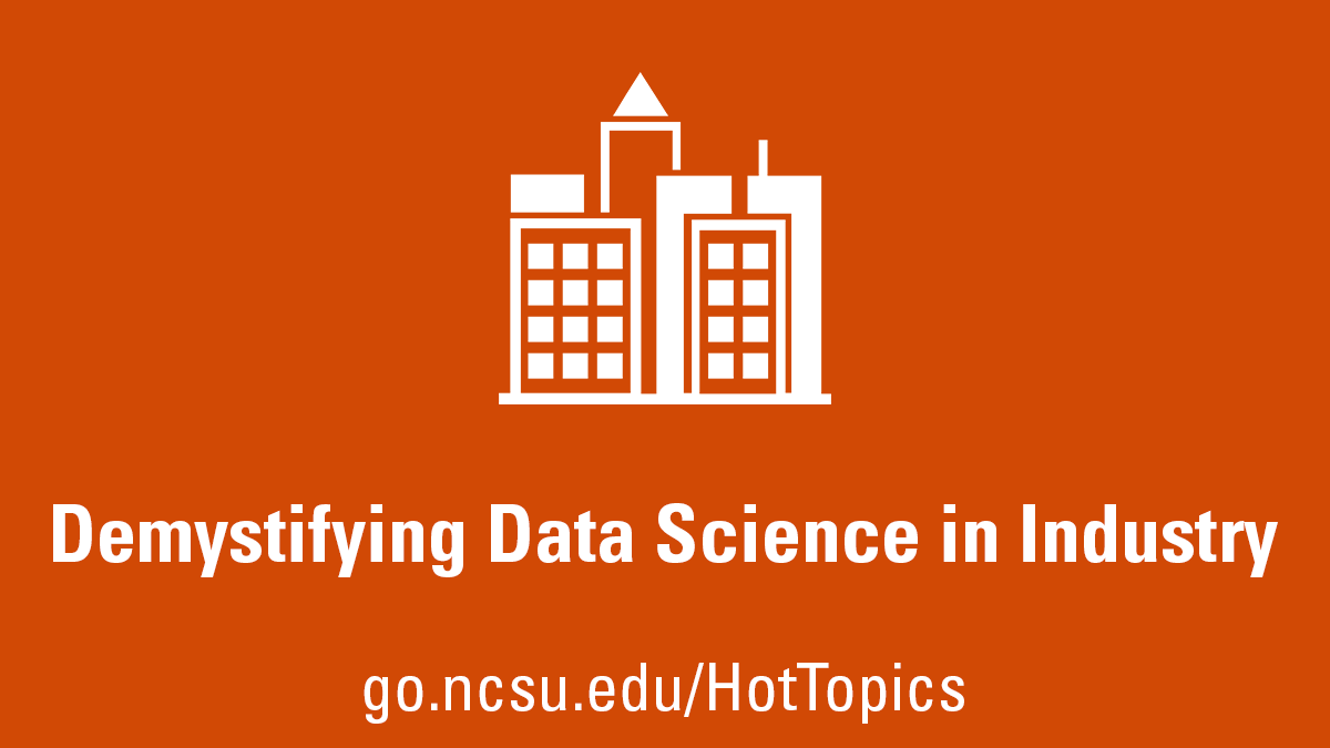 Orange banner with a cityscape icon and text "Demystifying Data Science in Industry"