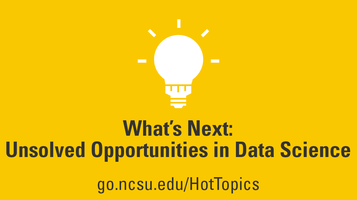 Yellow banner with a lightbulb icon and text "What's Next: Unsolved Opportunities in Data Science"