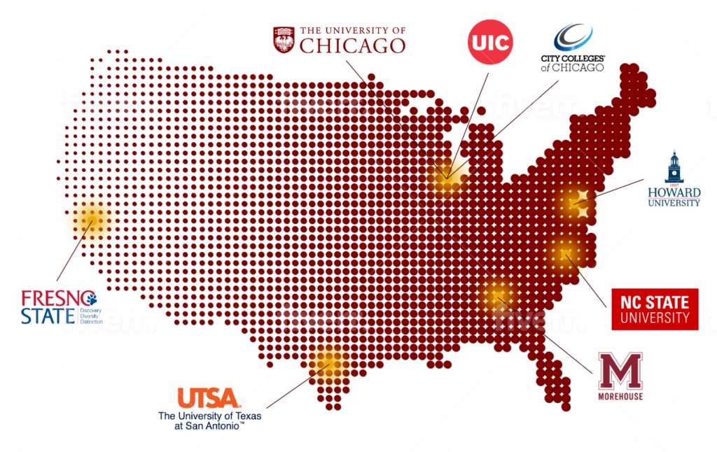 Map of the united states with the institutions a part of data.org indicated. University of Chicago, Fresno State, University of Texas at San Antonio, UIC, City College of Chicago, Howard University, Morehouse, and NC State. 