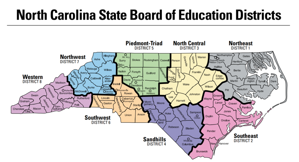 Map of the 8 school districts in North Carolina