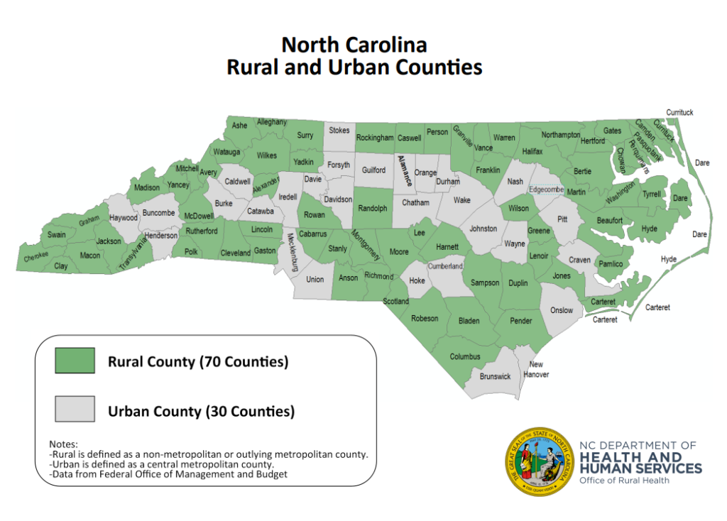 Map indicating that 67% of NC school districts are in rural counties.