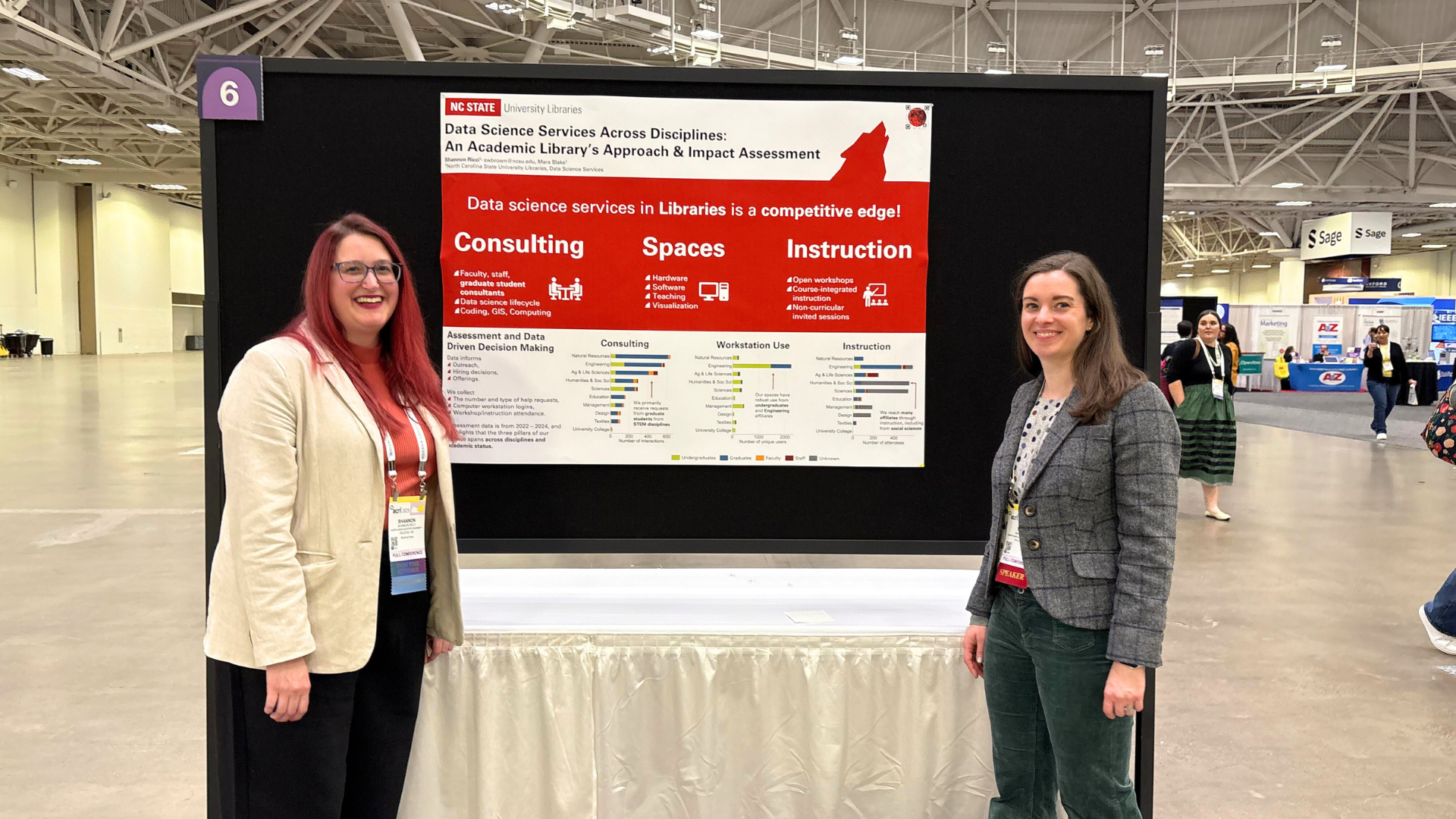 NC State’s Mara Blake (right) and Shannon Ricci (left) give a poster presentation at the 2025 Association of College and Research Libraries (ACRL) Conference.