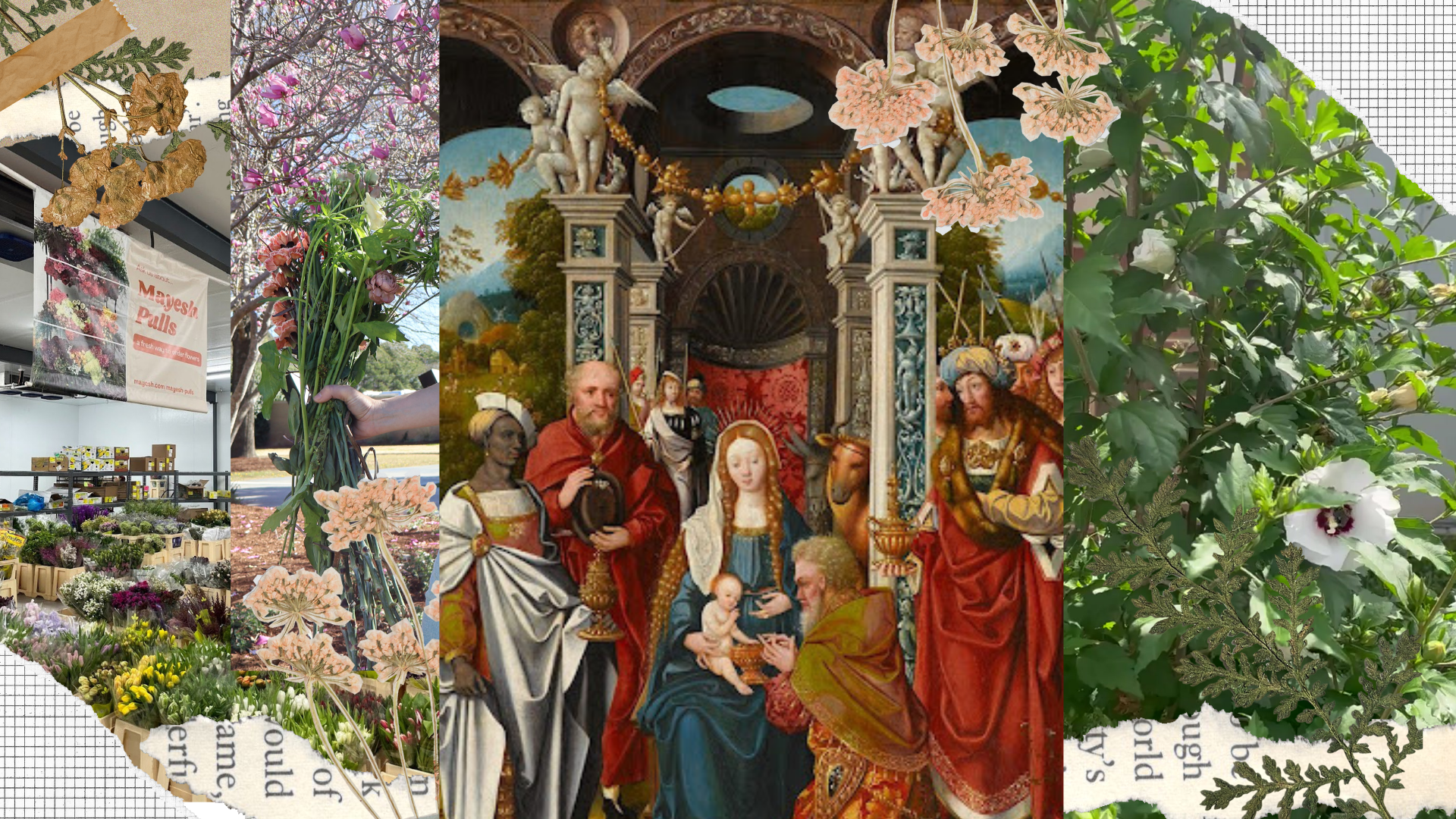 A collage featuring photos from Art in Bloom 2025 and The Adoration of the Magi by Simon Claasz. van Waterlant II.