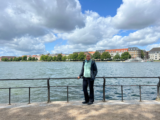 Chanel Carrell is pictured along Peblinge Sø, one of Copenhagen’s iconic city lakes that stretch through the heart of the city.