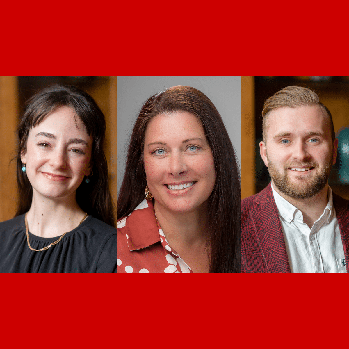Headshots of Postdocs Tom Leppard, Kelsey Dufresne and Jeanne McClure.